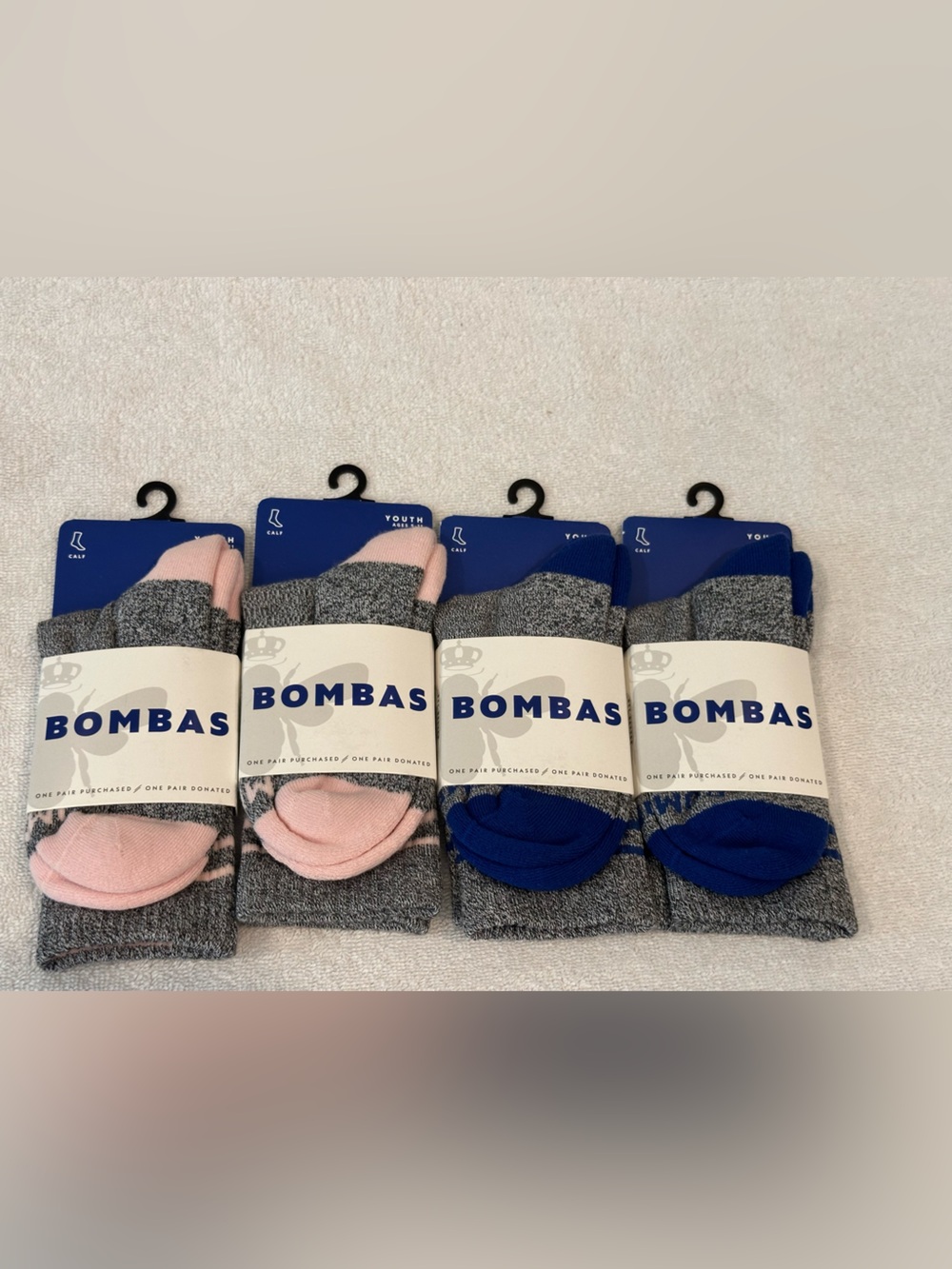 Bombas Youth 5-11 Grey Socks with Pink & Blue Accents - 4-Pack